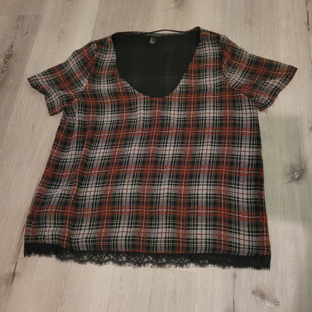 Mango MNG Collection Buffalo Plaid Short Sleeve Blouse Size Medium
